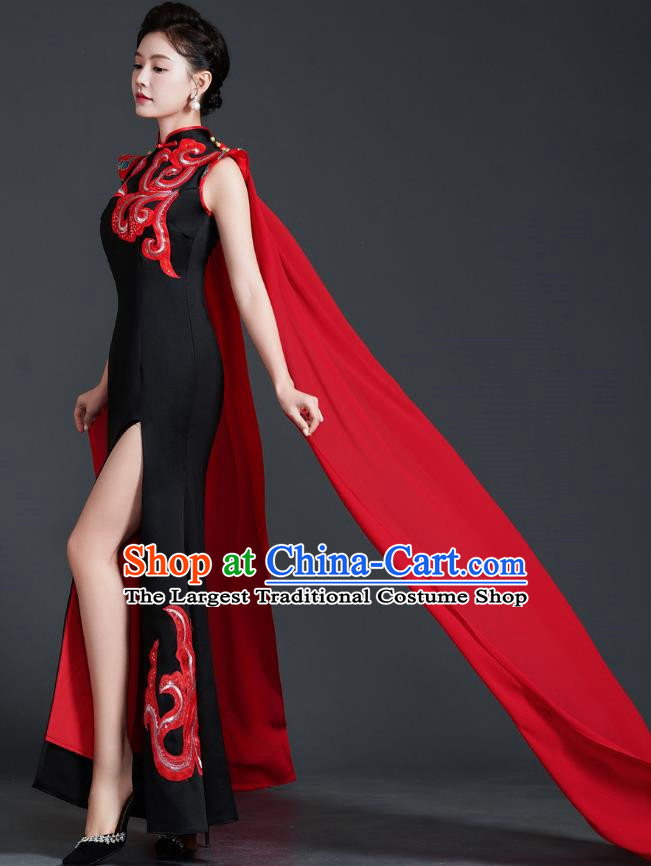 Retro Top Cheongsam Banquet Evening Dress Fishtail Slit Slim Catwalk Costume Cape