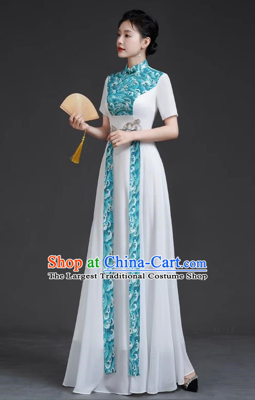 Chinese Style Top Retro Banquet Evening Dress Long White Large Chorus Model Catwalk Costume Chiffon Skirt