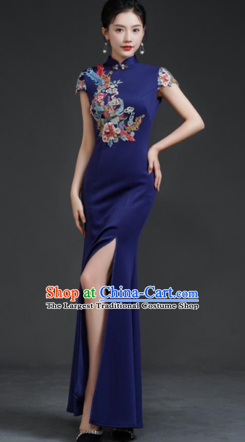 Chinese Fishtail Slit Cheongsam Long Dress Navy Blue Model Catwalk Stage Costume