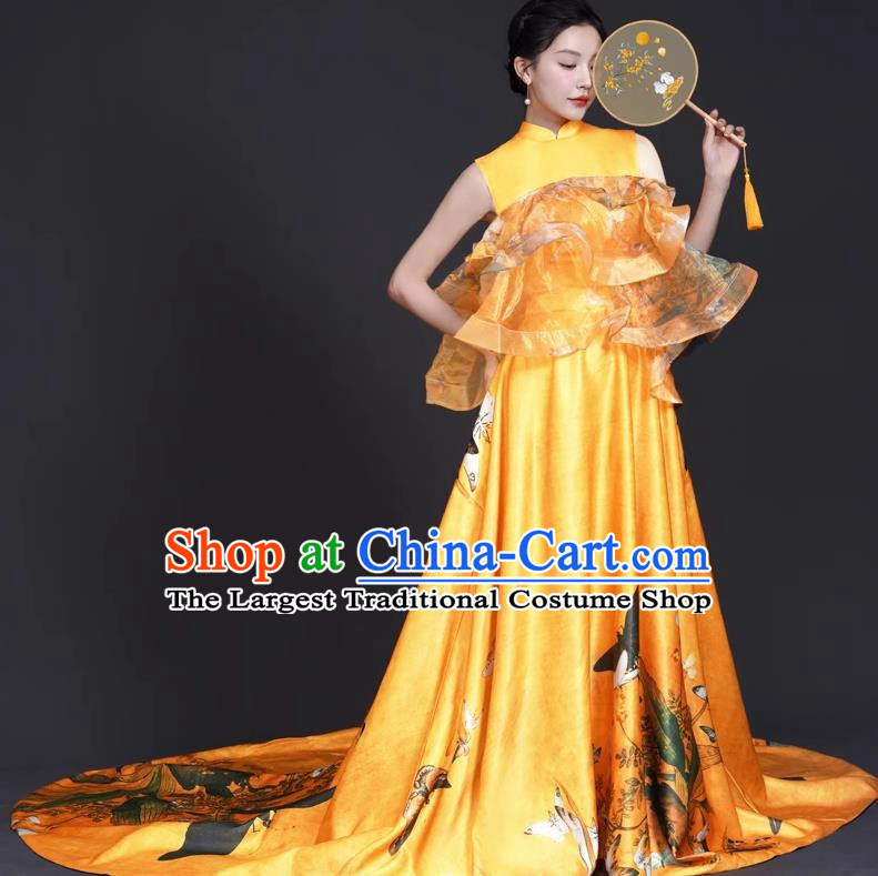 Chinese Style Top Big Tail Dress To Host The Banquet Dress Art Test Model Catwalk Show Exaggerated Performance Dress Skirt Self Cultivation