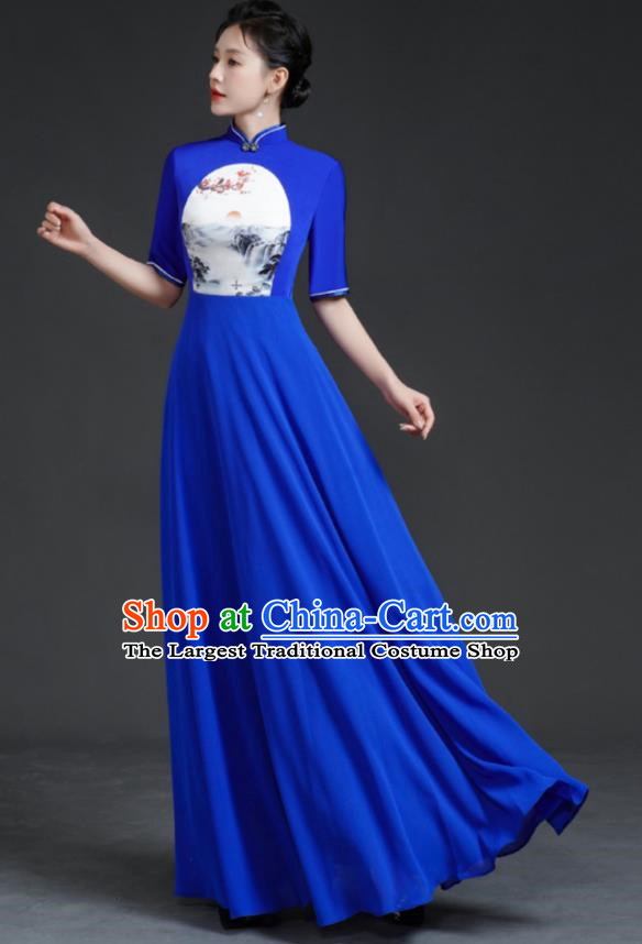 Top Chinese Style Model Catwalk Performance Costume Long Annual Meeting Evening Dress Blue Dress