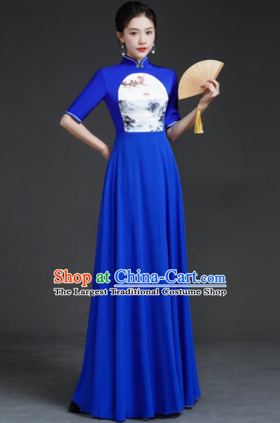 Top Chinese Style Model Catwalk Performance Costume Long Annual Meeting Evening Dress Blue Dress