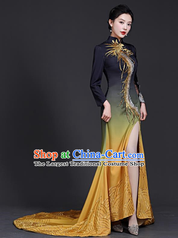 Chinese Style Top Banquet Evening Dress Trailing Long Stage Model Catwalk Cheongsam Costume Fishtail Slit