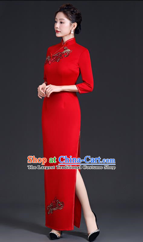 Chinese Style Simple Cheongsam Long Section Mother Model Team Catwalk Show Costume Red Evening Dress