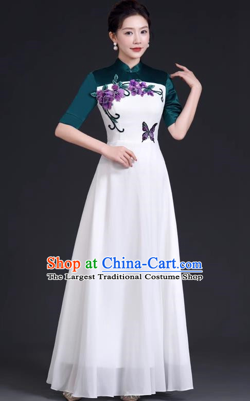 Chinese Style Top Dress Stage Choir Catwalk Cheongsam Performance Clothing Chiffon Long Skirt Hit Color