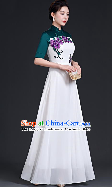 Chinese Style Top Dress Stage Choir Catwalk Cheongsam Performance Clothing Chiffon Long Skirt Hit Color