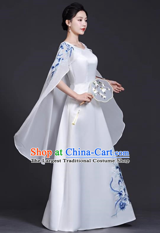 Top Chinese Style Blue And White Porcelain Cheongsam Adult Guzheng Performance Clothing Elegant Model Catwalk White Dress