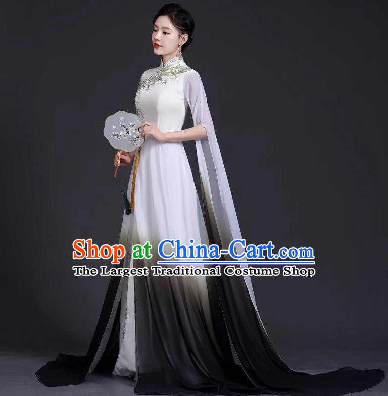 Top National Tide Style Banquet Evening Dress Long Model Catwalk Cheongsam Guzheng Art Test Solo Dress Embroidery