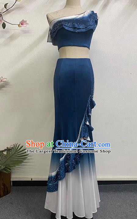 Dark Blue Dai Dance Performance Costumes Custom Made Self Cultivation Fishtail Swing Peacock Dance Art Test Practice Stage Performance Costumes