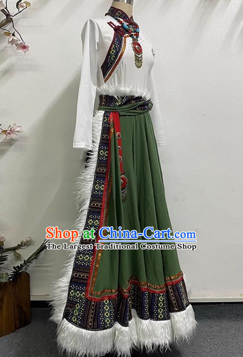 White and Green Tibetan Dance Women Large Swing Skirt Tibetan Clothing Minority Practice Clothing Art Test Practice Performance Clothing