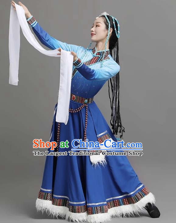 Dark Blue Tibetan Dance Women Big Swing Skirt Tibetan Clothing Ethnic Minority Practice Clothing Art Test Practice Performance Clothing