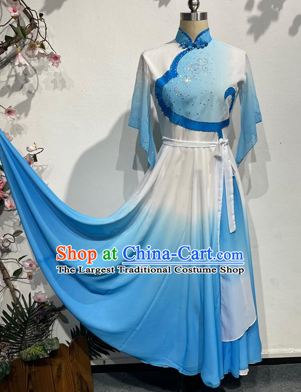 Blue Dance Students Such As Summer Flowers with Dress Fan Dance Practice Skills Examination Jiaozhou Yangko Dance Costumes Performance Costumes