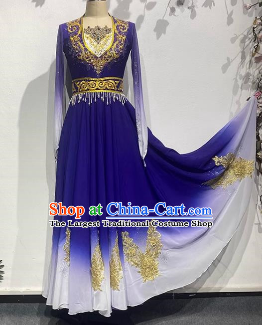 Dark Blue Uighur Dance Art Examination Performance Clothing China Xinjiang Dance Ethnic Style Clothing Adult Big Skirt Practice Performance