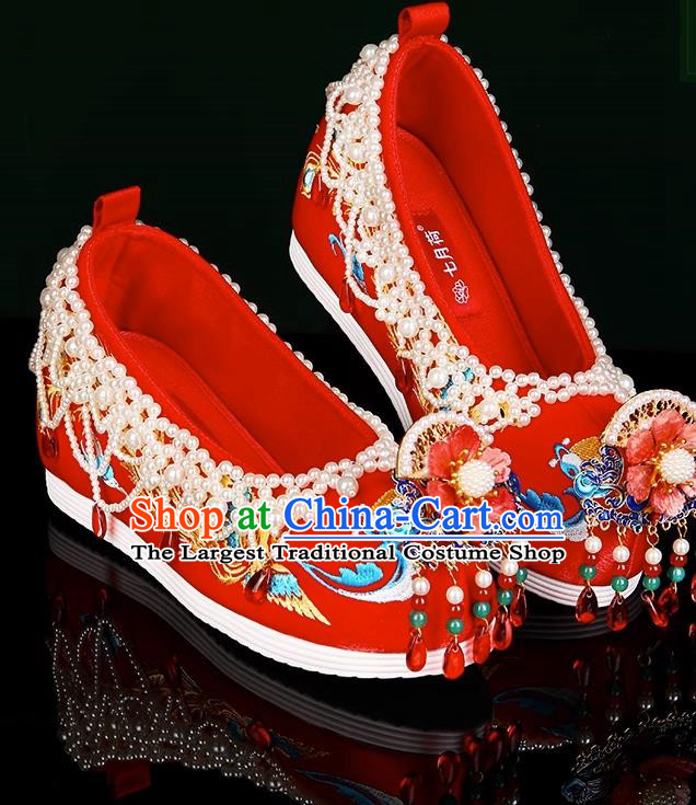 Xiuhe Wedding Shoes Zhenghong Phoenix Beaded Chinese Style Bridal Embroidered Shoes Ming Dynasty Hanfu