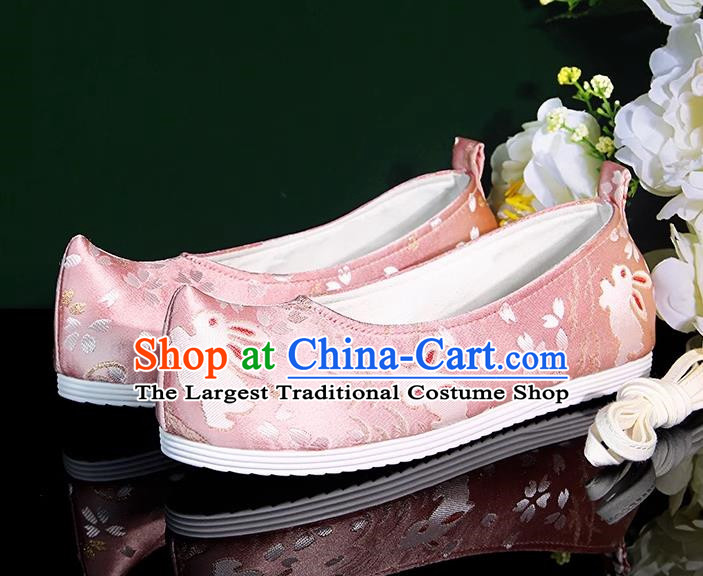 Hanfu Shoes Ancient Style Flat Heel Round Toe Soft Sole Shoes Ming Dynasty Horse Face Ancient Costume Women Cloth Shoes Pink