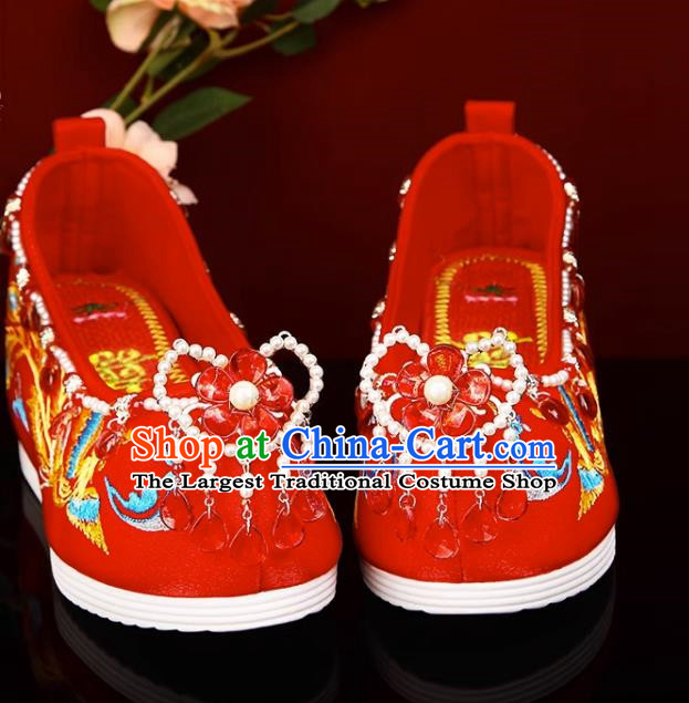 Red Hanfu Shoes Embroidery Inner Increase Original Pearl Chinese Style Xiuhe Shoes Ancient Costume