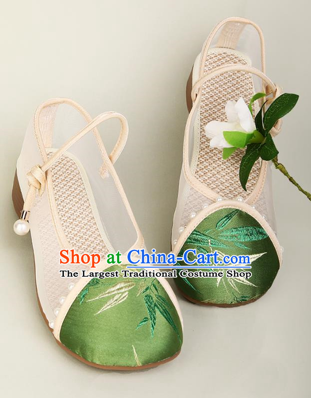 Sandals Pearl Round Toe Buckle Mesh Breathable Sandals Women Antique Hanfu Shoes