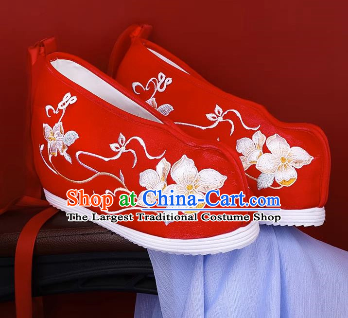 Women Red Ancient Costume Hanfu Shoes Cloth Shoes Inner Heightening Embroidered Shoes