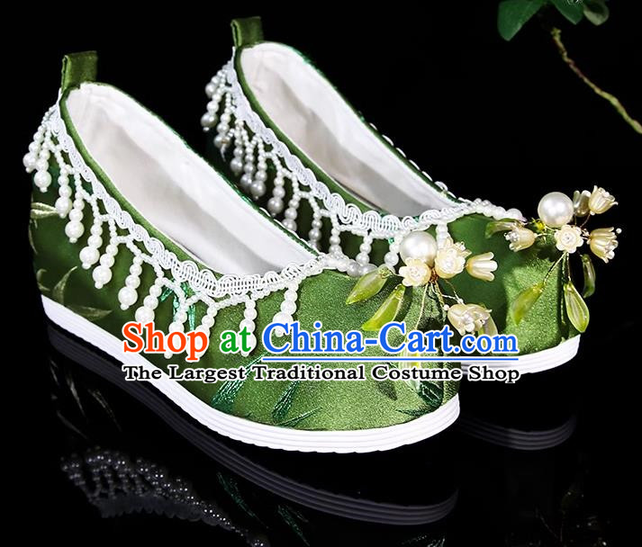 Hanfu Shoes Women Bell Orchid Bamboo Leaves Ancient Style Satin Jacquard Beaded Pearl Tassel Inner Increase