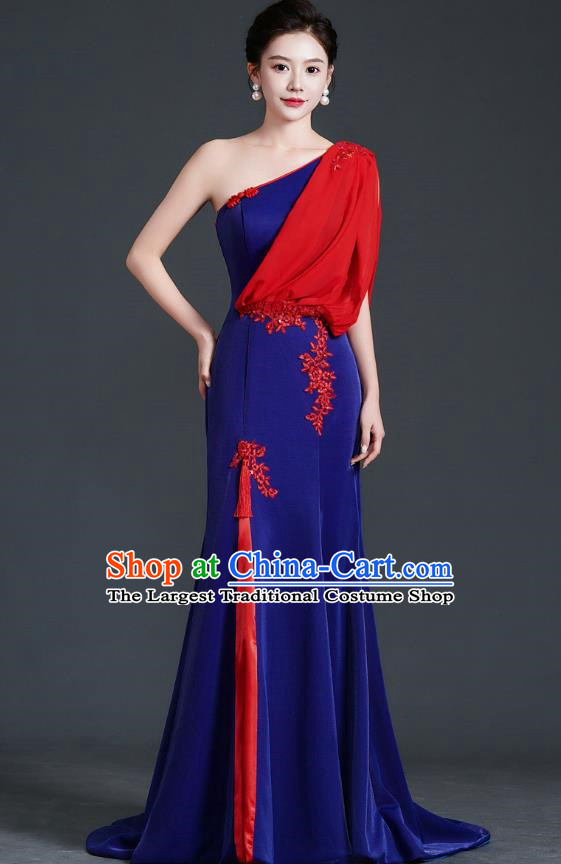 Chinese Design Evening Dress Trailing Fishtail Self Cultivation Stage Chorus Catwalk Performance Clothing One Shoulder