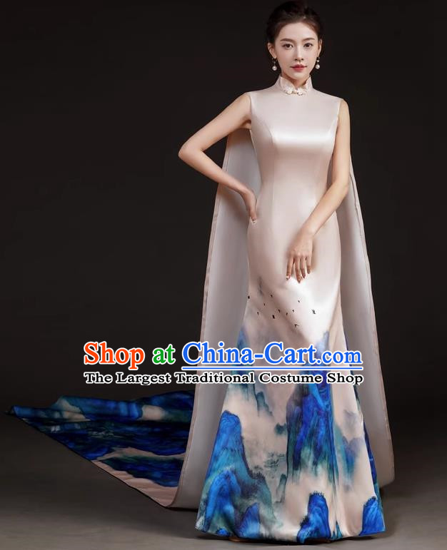 Chinese Design High End Long Tailed Performance Costume Art Test Host Fishtail Dress A Thousand Miles Of Rivers And Mountains Catwalk