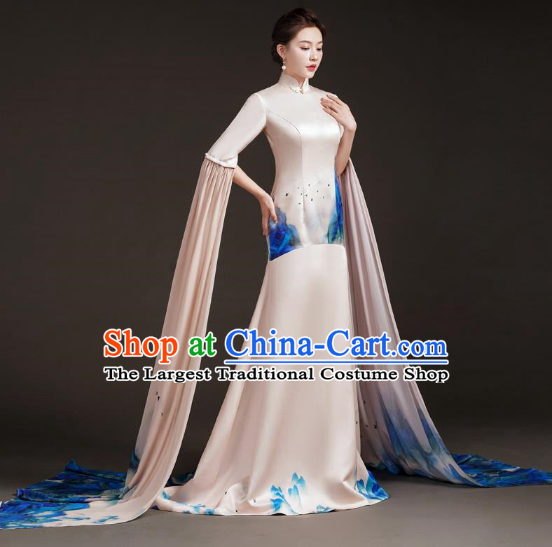 High End Small Trailing Costumes Water Sleeve Art Test Solo Guzheng Playing Dress Mermaid Model Catwalk