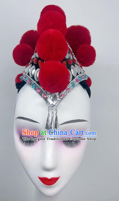 Yi Nationality Dance Headdress Red Dragonfly Taoli Cup Performance Headdress Cockscomb Hat Rooster Hat Wig Hair Play Headdress