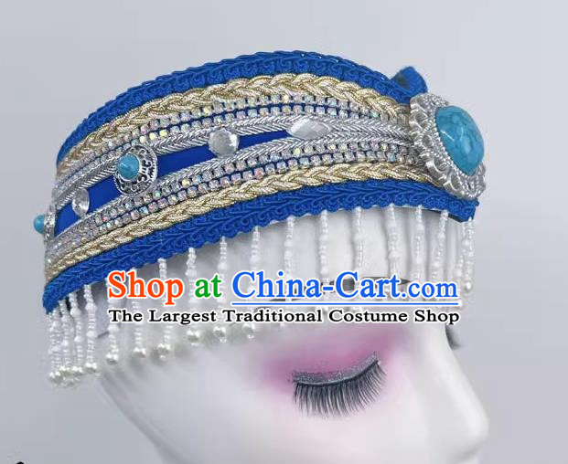 Ethnic Minority Dance Mongolian Headdress Blue Bead Curtain Art Test Dance Performance Stage Hair Accessories