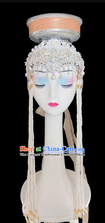 Mongolian Dance Top Bowl Dance Headdress Handmade Beaded Long Tassel Top Bowl Shape Dance Headdress