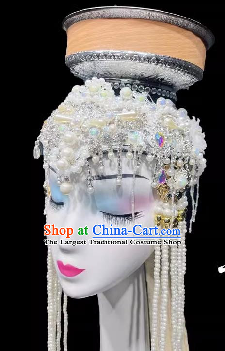 Mongolian Dance Top Bowl Dance Headdress Handmade Beaded Long Tassel Top Bowl Shape Dance Headdress