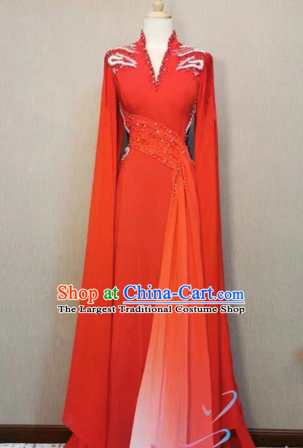 Red Gradient Beaded Slim A Line Dress Art Examination Elegant Bel Canto Folk Song Solo Dress