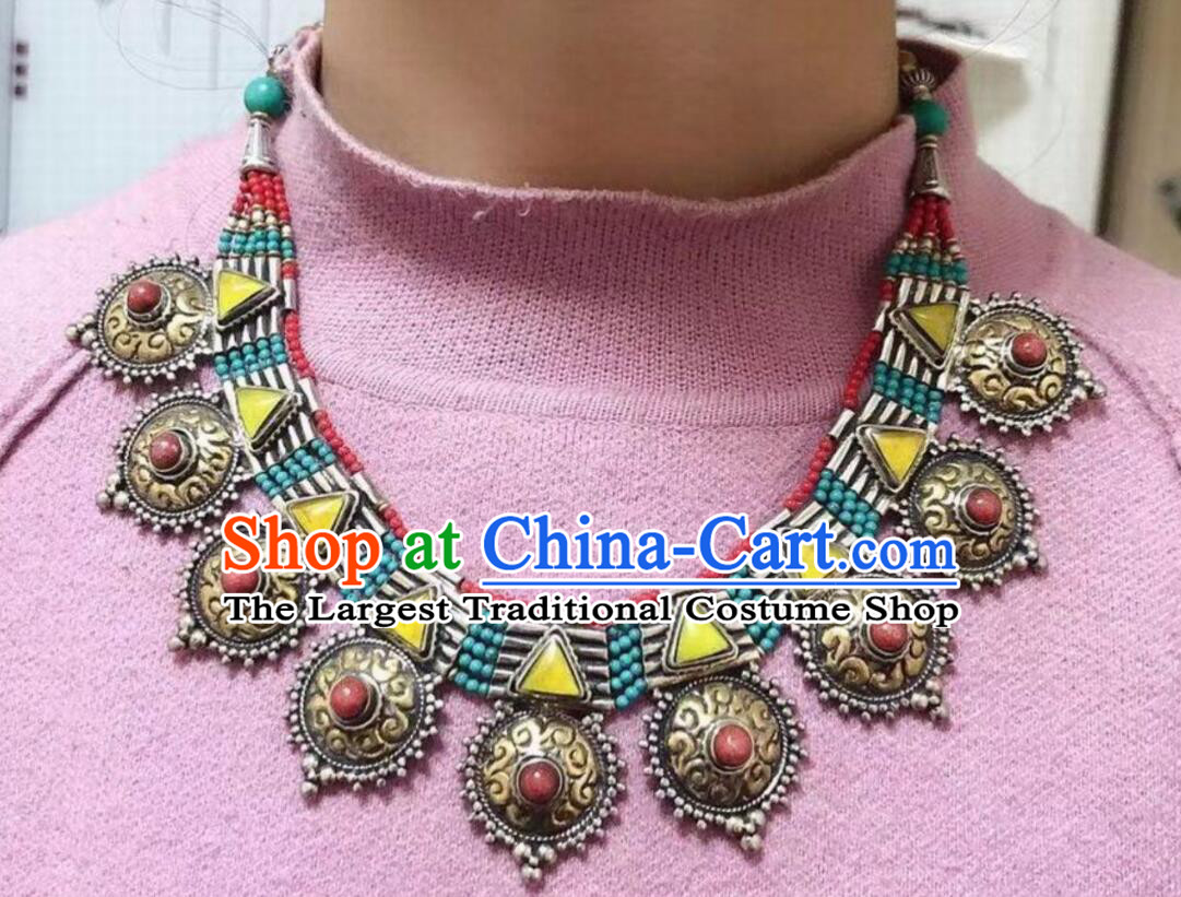 Traditional Nepal Kallaite Accessories Chinese Zang Nationality Woman Brass Necklace Handmade Tibetan Ethnic Necklet Jewelry