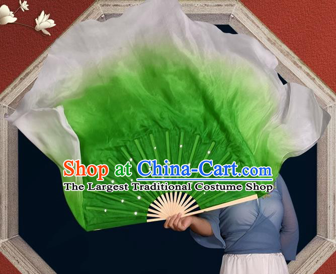 China Classical Dance Ribbon Fan Yangko Dance Prop Fan Handmade Stage Performance Green Silk Fan