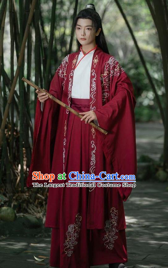 China Jin Dynasty Young Childe Clothing Ancient Swordsman Embroidered Costumes Male Red Hanfu Outfit