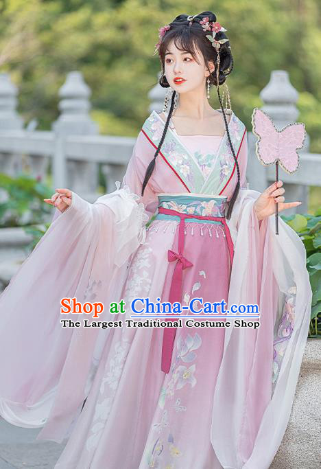 China Jin Dynasty Princess Clothing Ancient Goddess Garments Costumes Traditional Fairy Pink Hanfu Dress