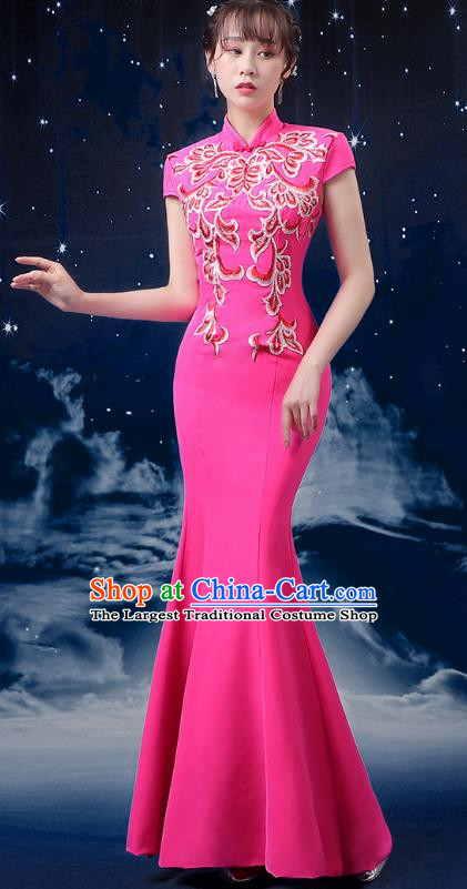 Pink Choir Costume Femininity Stage Performance Costume Conductor Catwalk Cheongsam Skirt Fishtail Blue and White Porcelain Dress