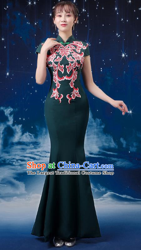 Dark Green Choir Costume Femininity Stage Performance Costume Conductor Catwalk Cheongsam Skirt Fishtail Blue and White Porcelain Dress