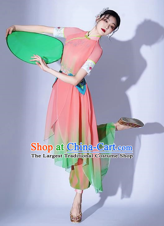 Ikbu Bridge Performance Costume Female Elegant Painting Tea Leisurely Expressive Dance Costume Jiaozhou Yangko Bamboo Hat Group Dance Tea Picking Girl