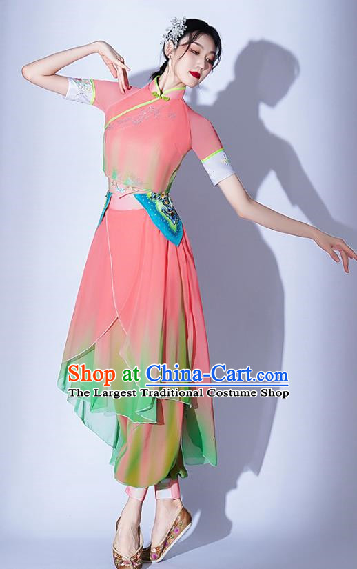 Ikbu Bridge Performance Costume Female Elegant Painting Tea Leisurely Expressive Dance Costume Jiaozhou Yangko Bamboo Hat Group Dance Tea Picking Girl