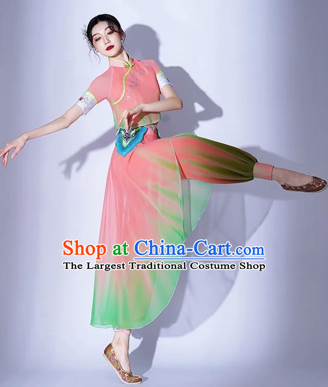 Ikbu Bridge Performance Costume Female Elegant Painting Tea Leisurely Expressive Dance Costume Jiaozhou Yangko Bamboo Hat Group Dance Tea Picking Girl