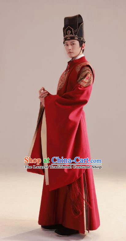 China Ancient Official Red Clothing TV Series Destined Chang Feng Du Luo Zi Shang Replica Garments Song Dynasty Scholar Costumes and Headdress