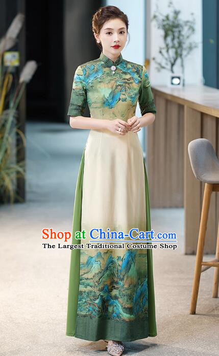 Chinese Classical Long Qipao Stage Aodai Dress National Clothing Blue Green Landscape Painting Cheongsam