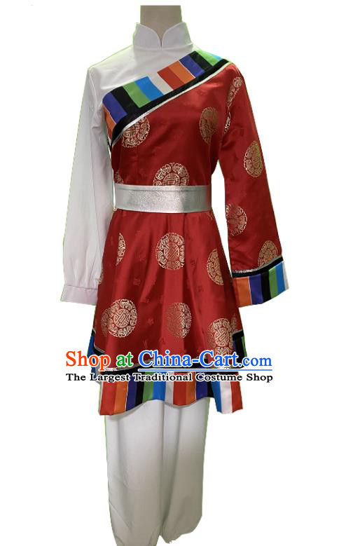 China Tibetan Ethnic Dance Clothing Zang Nationality Folk Dance Outfit Women Group Stage Performance Costume