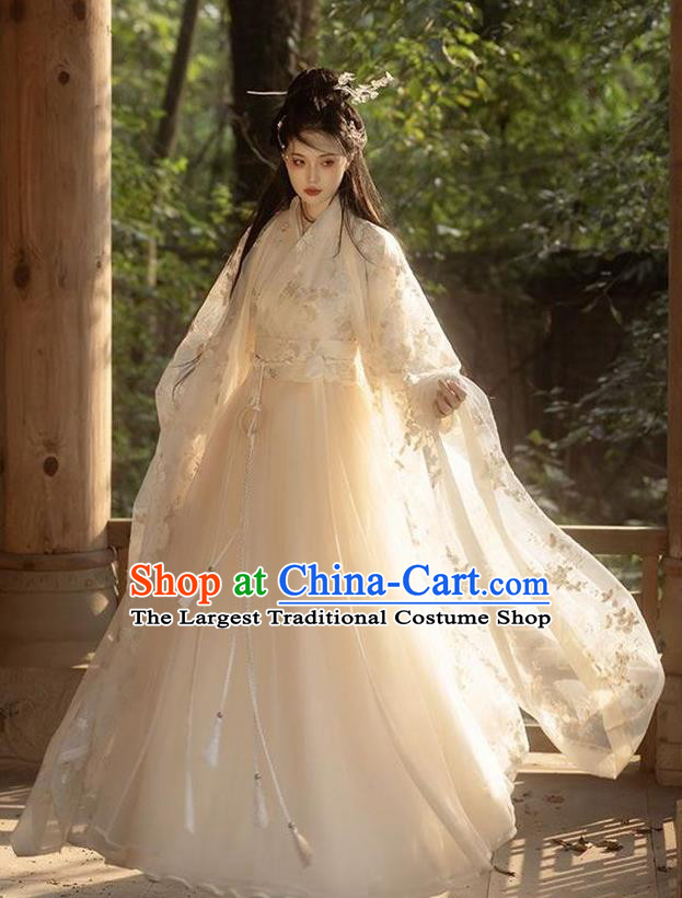 Ancient Chinese Young Lady Dress Costumes Beige Hanfu Jin Dynasty Swordswoman Dresses