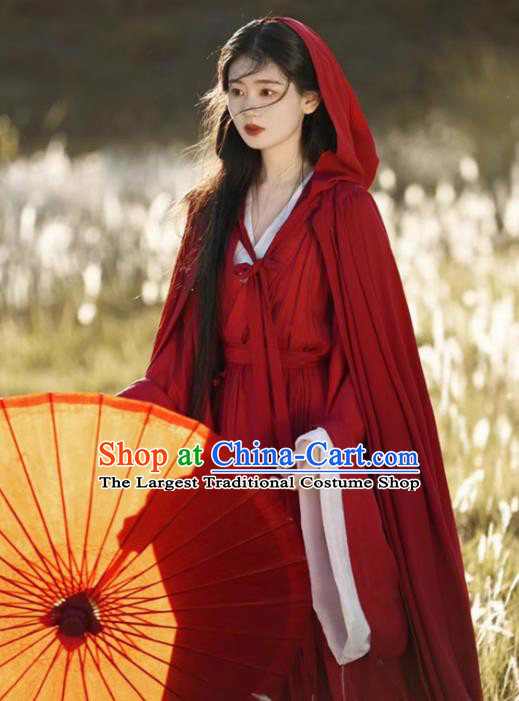 China Traditional Hanfu and Red Cape Jin Dynasty Court Woman Costumes Ancient Swordswoman Clothing