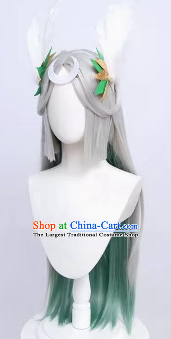 Inaba Kaguya Cos Wig Onmyoji Silver Gradient Center Parting Princess Cut Real Feather