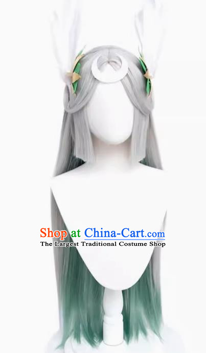 Inaba Kaguya Cos Wig Onmyoji Silver Gradient Center Parting Princess Cut Real Feather