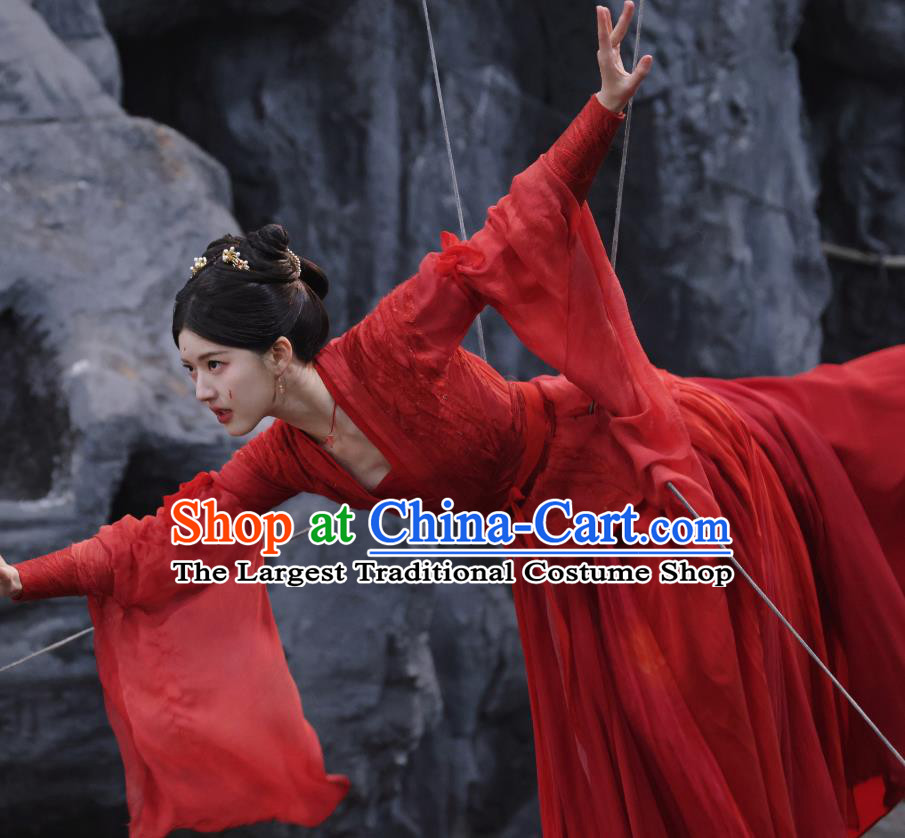 Chinese Ancient Female Knight Garment Costumes TV Series The Last Immortal Swordswoman A Yin Red Dress