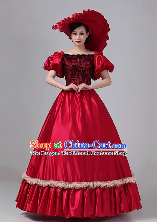 Wine Red European Medieval Court Dress Retro Style Victorian Stage Princess Clothing