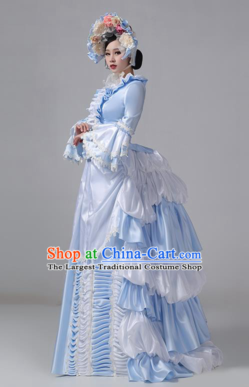 Blue European Style Court Costume European Medieval Retro Romantic Princess Long Dress Rococo Style Clothing